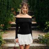 ihoov Off-Shoulder Long Sleeve Patchwork Puff Skirt Dress