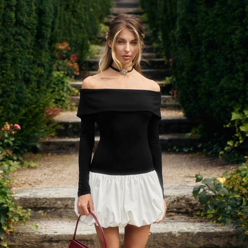 ihoov Off-Shoulder Long Sleeve Patchwork Puff Skirt Dress