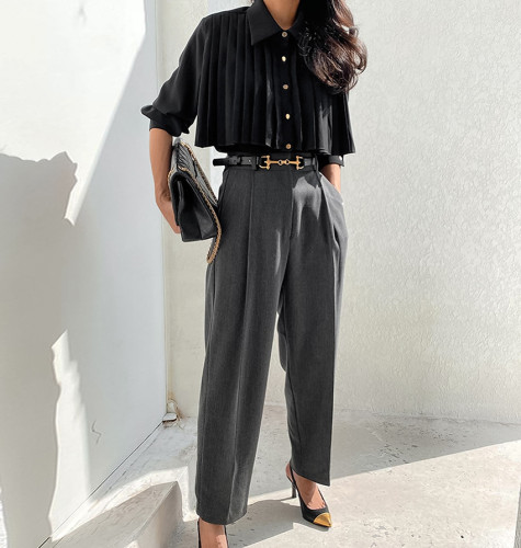 Chiffon Pleated Long Sleeve Blouse for Women