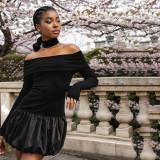 ihoov Off-Shoulder Long Sleeve Patchwork Puff Skirt Dress