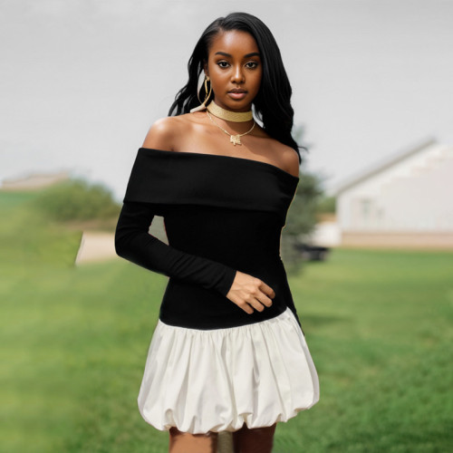ihoov Off-Shoulder Long Sleeve Patchwork Puff Skirt Dress