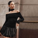 ihoov Off-Shoulder Long Sleeve Patchwork Puff Skirt Dress