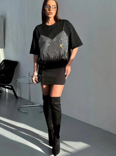 100% Pure Cotton Rhinestone Embellished Casual Round Neck Short Sleeve T-Shirt