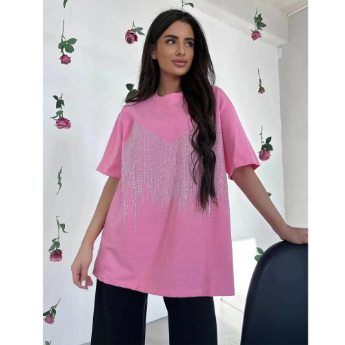 100% Pure Cotton Rhinestone Embellished Casual Round Neck Short Sleeve T-Shirt