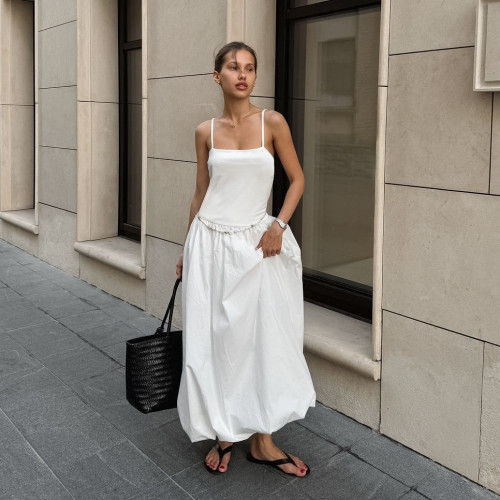 White Backless Ruffled Dress with Spaghetti Straps