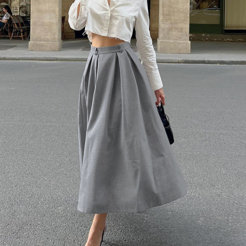 Ihoov Gray Slim-Fit Pleated A-Line Midi Skirt