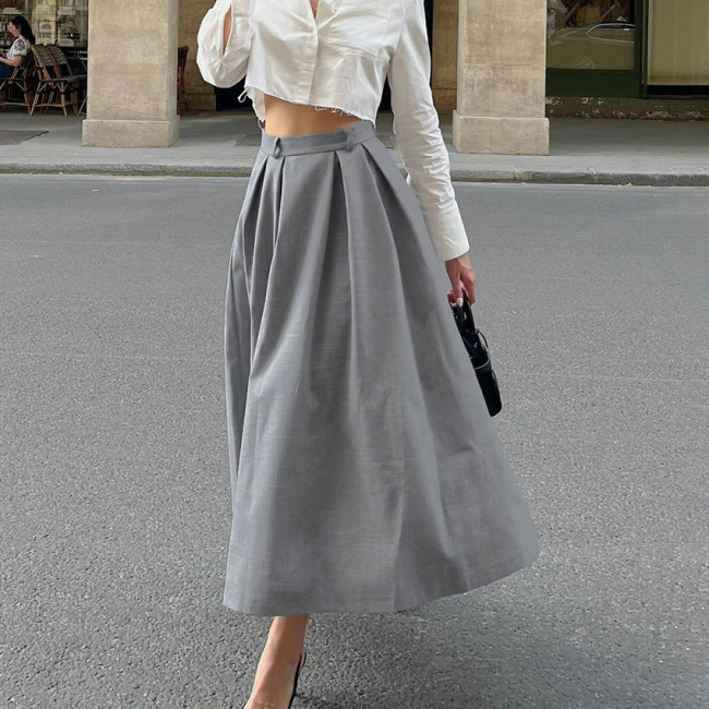 Ihoov Gray Slim-Fit Pleated A-Line Midi Skirt