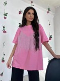 100% Pure Cotton Rhinestone Embellished Casual Round Neck Short Sleeve T-Shirt