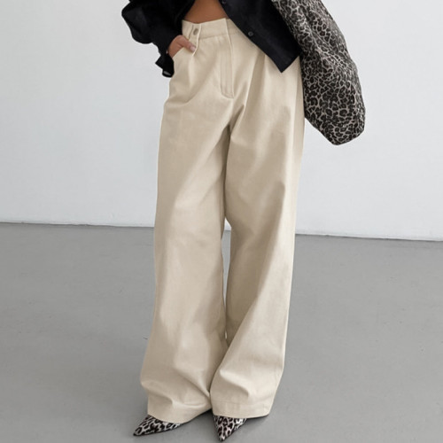 Khaki Wide-Leg Casual Trousers