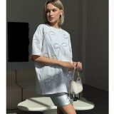 100% Cotton Rhinestone Short Sleeve T-Shirt for Women