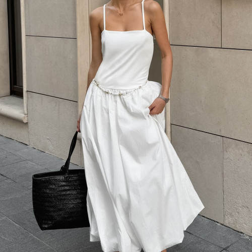 White Backless Ruffled Dress with Spaghetti Straps