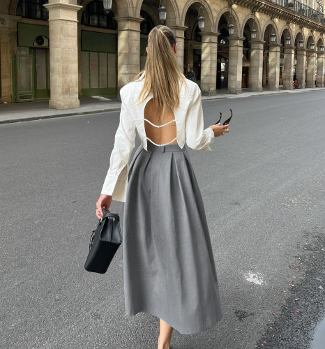 Ihoov Gray Slim-Fit Pleated A-Line Midi Skirt