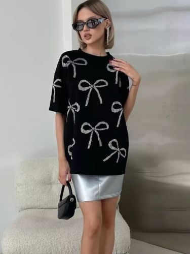 100% Cotton Rhinestone Short Sleeve T-Shirt for Women