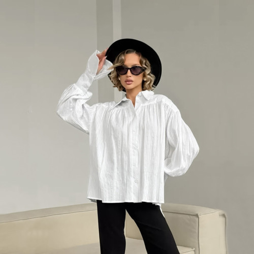 Cotton Jacquard White Casual Loose-Fit Long Sleeve Women's Shirt