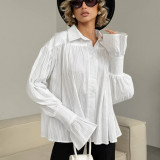 Cotton Jacquard White Casual Loose-Fit Long Sleeve Women's Shirt