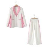 Color-Block Single-Button Blazer and Wide-Leg Casual Trousers Set