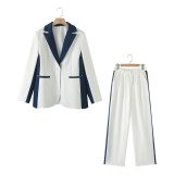 Color-Block Single-Button Blazer and Wide-Leg Casual Trousers Set