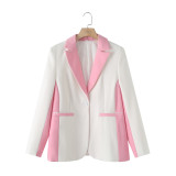 Color-Block Single-Button Blazer and Wide-Leg Casual Trousers Set