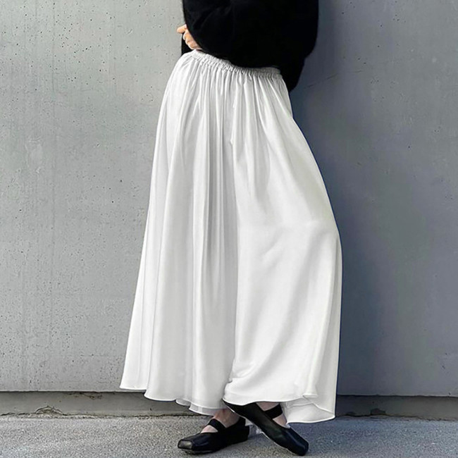 White Matte Satin Loose High-Waisted Elastic Waist Skirt