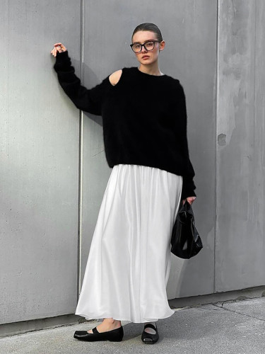 White Matte Satin Loose High-Waisted Elastic Waist Skirt