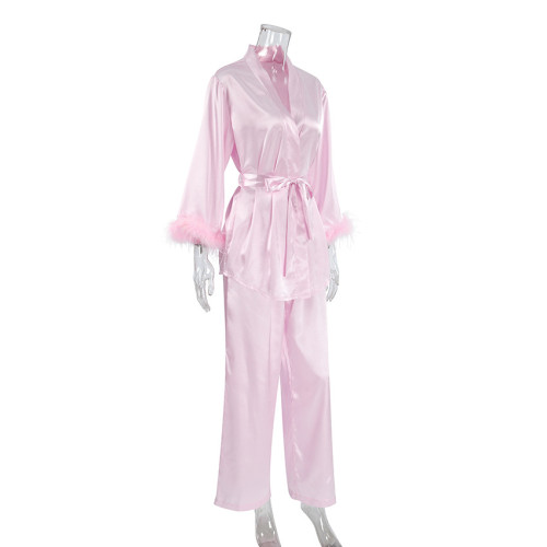 Pink Feather Two-Piece Pajama Set with Long Sleeve Robe and Pants for Women