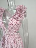 Ihoov Hollow-Out Deep V Backless Floral Ruffle Maxi Dress