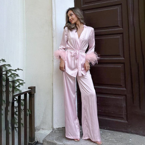 Pink Feather Two-Piece Pajama Set with Long Sleeve Robe and Pants for Women