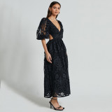 Lace Embroidered V-Neck Sexy Waist-Cut Dress