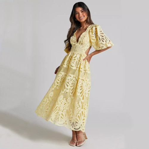 Lace Embroidered V-Neck Sexy Waist-Cut Dress