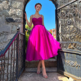 Solid Color Bowknot and Tulle Overlay Midi Dress