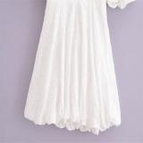 White V-Neck Embroidered Waist-Tie Puff Sleeve Mini Dress