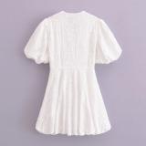 White V-Neck Embroidered Waist-Tie Puff Sleeve Mini Dress