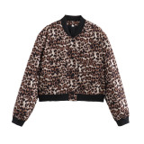 No collar Biker bomber Leopard jacket for women