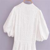 White V-Neck Embroidered Waist-Tie Puff Sleeve Mini Dress