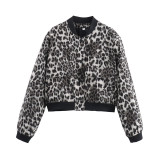 No collar Biker bomber Leopard jacket for women