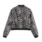 No collar Biker bomber Leopard jacket for women