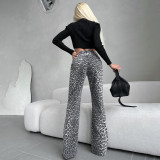 Leopard Print High-Waisted Slim Fit Straight Leg Jeans for Women