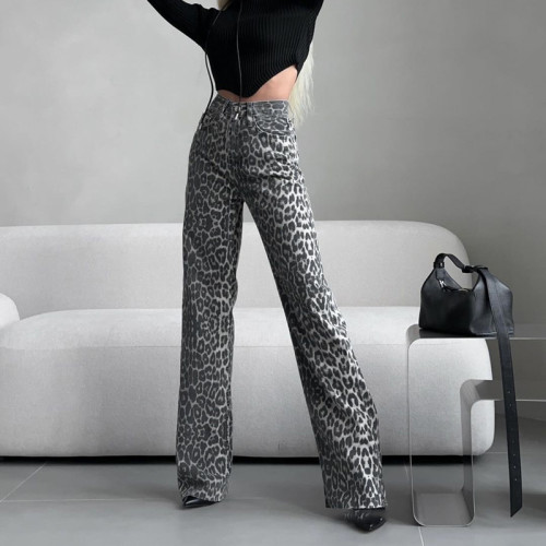 Leopard Print High-Waisted Slim Fit Straight Leg Jeans for Women