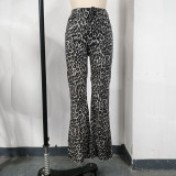 Leopard Print High-Waisted Slim Fit Straight Leg Jeans for Women