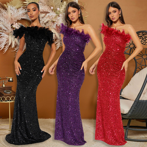 Women Solid Color Sequin Feather Patchwork Long Sexy Dress