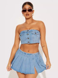 Button-Down Denim Split Skirt Set