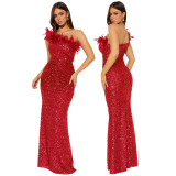 Women Solid Color Sequin Feather Patchwork Long Sexy Dress