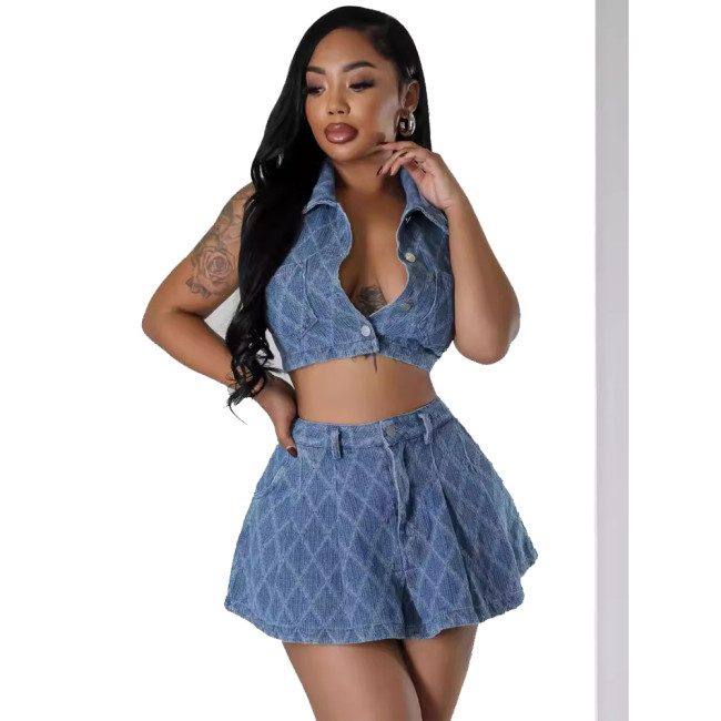 Casual Checkered Wash Denim Set