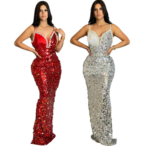 Fashion Sexy Strap Sequin Long Evening Dress