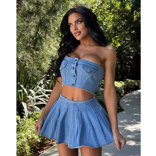 Button-Down Denim Split Skirt Set