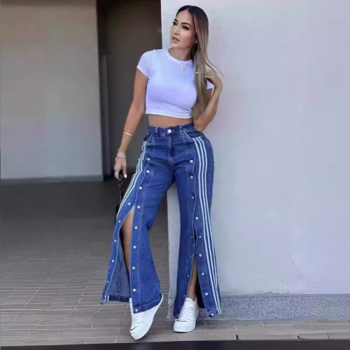 Trendy Striped Wide-Leg Relaxed Stretch Denim Pants women's jeans
