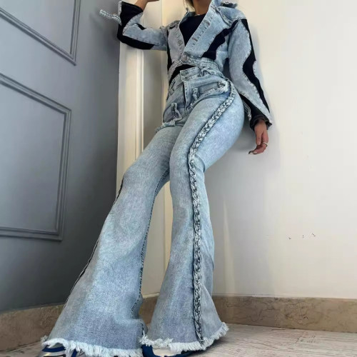 Fitted Floor-Length Twisted Stretch Flare Jeans