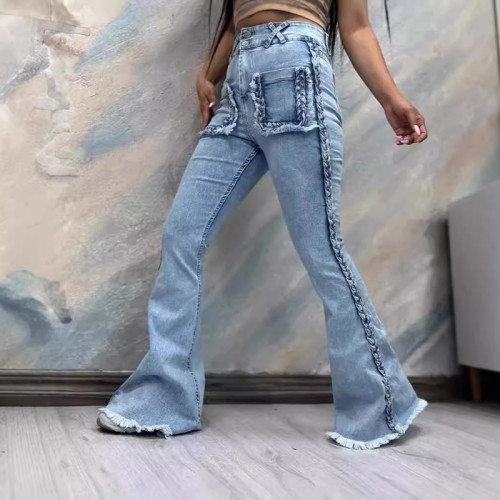 Fitted Floor-Length Twisted Stretch Flare Jeans