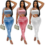 Rhinestone Crop Top and Slim-Fit Pants Set