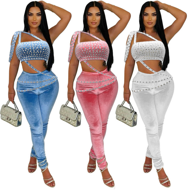 Rhinestone Crop Top and Slim-Fit Pants Set